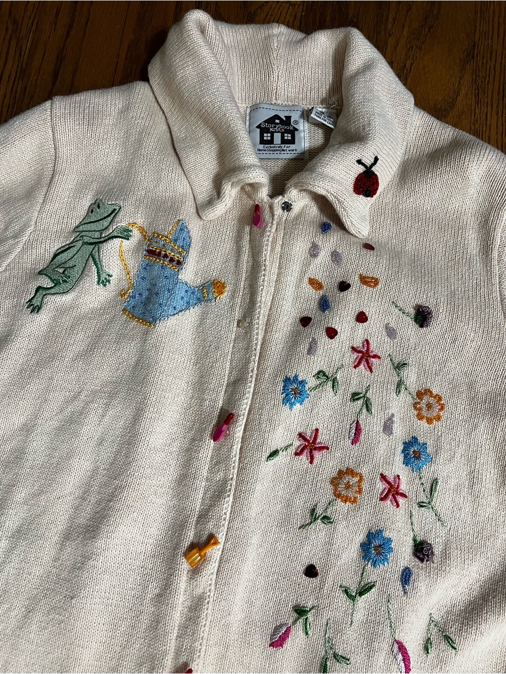 Vintage Storybook Knits Garden Frog Ladybug Cream Embroidered Sweater